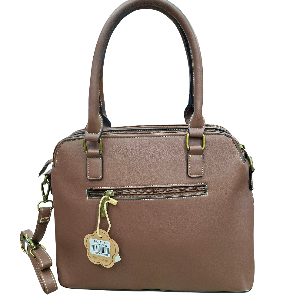 Cotton Road Handbag: BROWN PU Leather Triple Compartment Bag with Vine Embossed Panel BACK VIEW