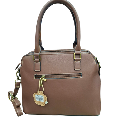 Cotton Road Handbag: BROWN PU Leather Triple Compartment Bag with Vine Embossed Panel BACK VIEW
