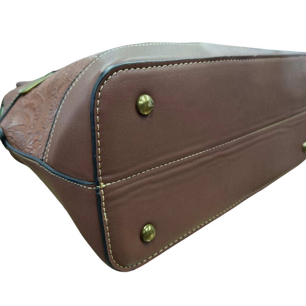 Cotton Road Handbag: BROWN PU Leather Triple Compartment Bag with Vine Embossed Panel BOTTOM VIEW