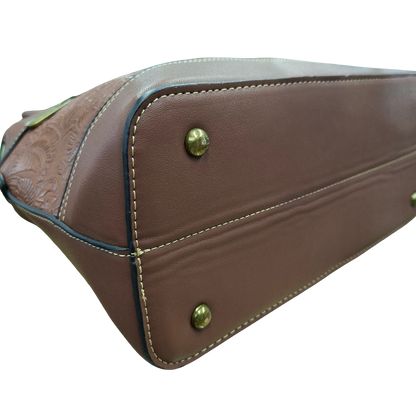 Cotton Road Handbag: BROWN PU Leather Triple Compartment Bag with Vine Embossed Panel BOTTOM VIEW
