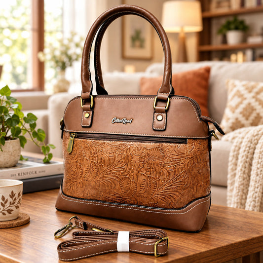 Cotton Road Handbag: BROWN PU Leather Triple Compartment Bag with Vine Embossed Panel Hero