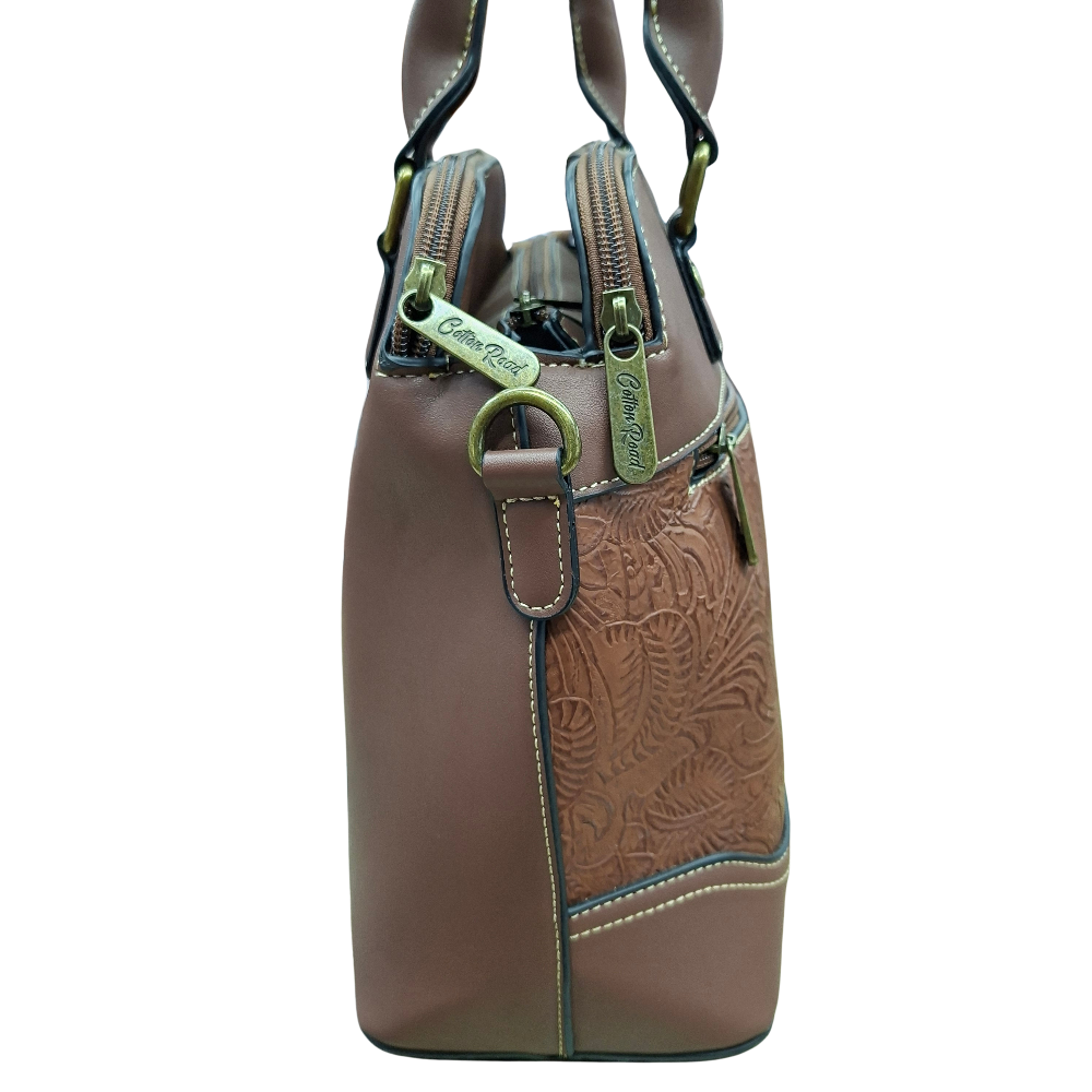 Cotton Road Handbag: BROWN PU Leather Triple Compartment Bag with Vine Embossed Panel SIDE VIEW
