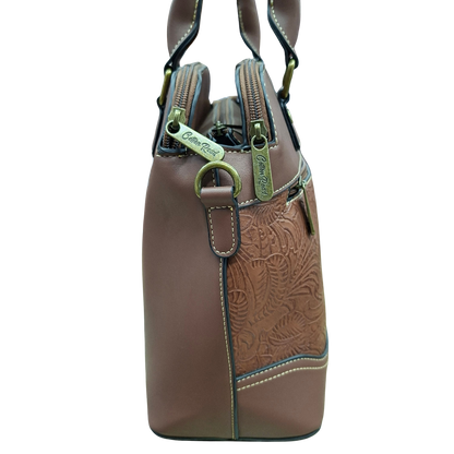 Cotton Road Handbag: BROWN PU Leather Triple Compartment Bag with Vine Embossed Panel SIDE VIEW