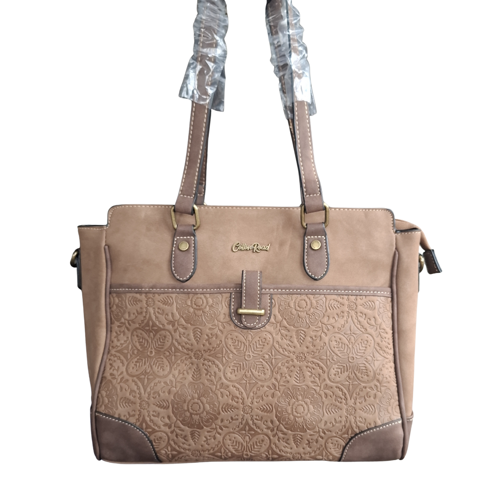 Cotton Road Handbag: BROWN PU Leather with Embossed Pattern