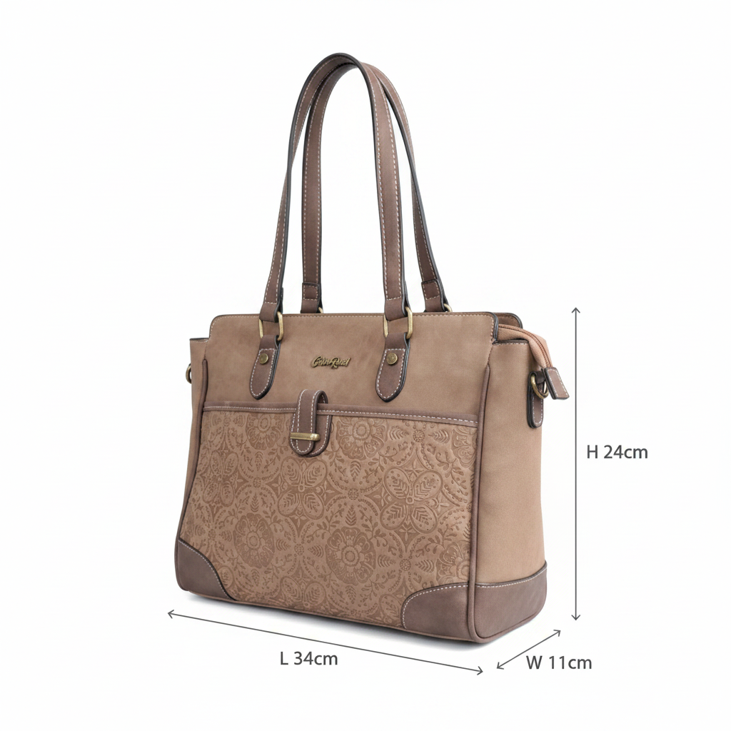 Cotton Road Handbag: BROWN PU Leather with Embossed Pattern