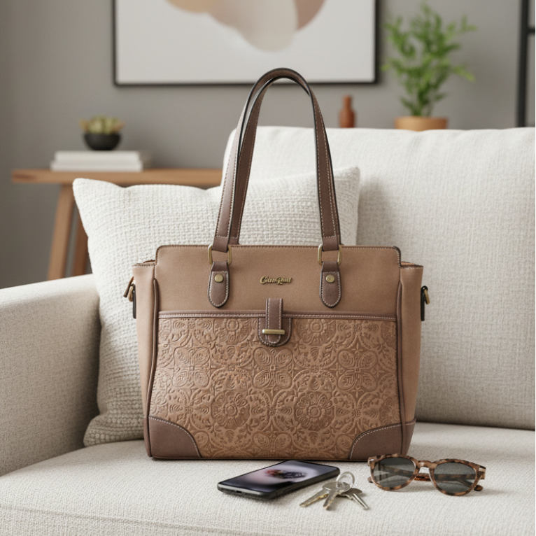 Cotton Road Handbag: BROWN PU Leather with Embossed Pattern DISPLAY