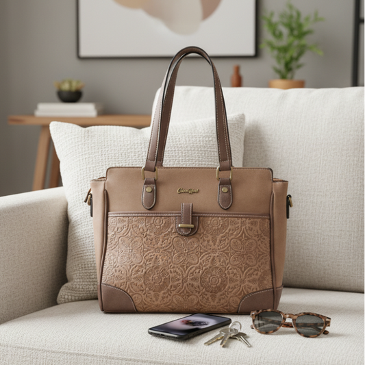 Cotton Road Handbag: BROWN PU Leather with Embossed Pattern DISPLAY