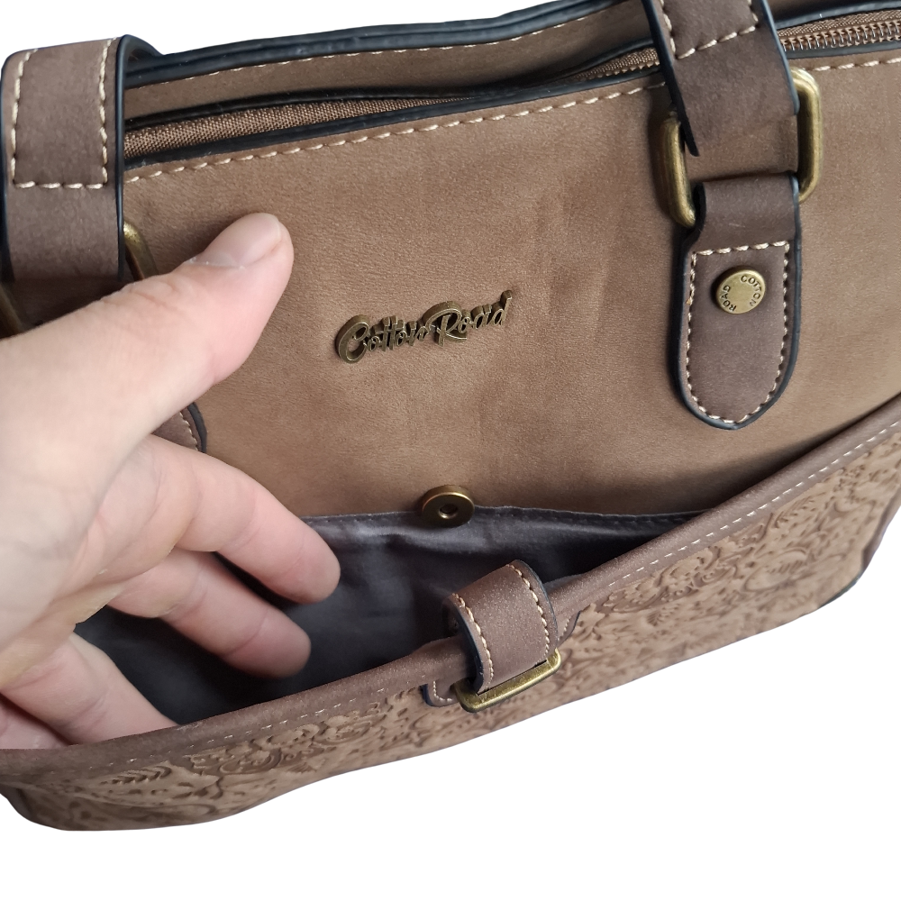 Cotton Road Handbag: BROWN PU Leather with Embossed Pattern FRONT POCKET
