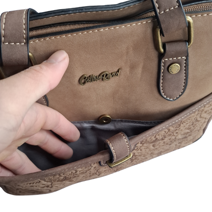 Cotton Road Handbag: BROWN PU Leather with Embossed Pattern FRONT POCKET