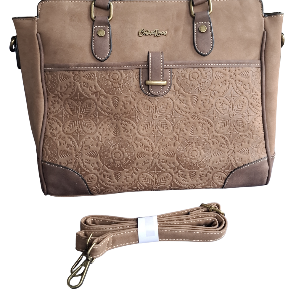 Cotton Road Handbag: BROWN PU Leather with Embossed Pattern SET