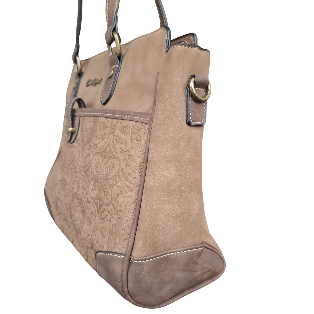Cotton Road Handbag: BROWN PU Leather with Embossed Pattern SIDE