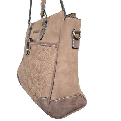 Cotton Road Handbag: BROWN PU Leather with Embossed Pattern SIDE
