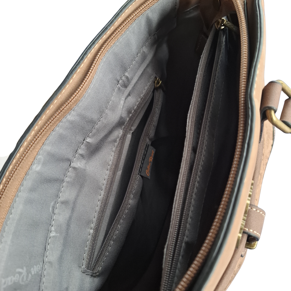 Cotton Road Handbag: BROWN PU Leather with Embossed Pattern TOP OPEN VIEW