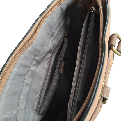 Cotton Road Handbag: BROWN PU Leather with Embossed Pattern TOP OPEN VIEW