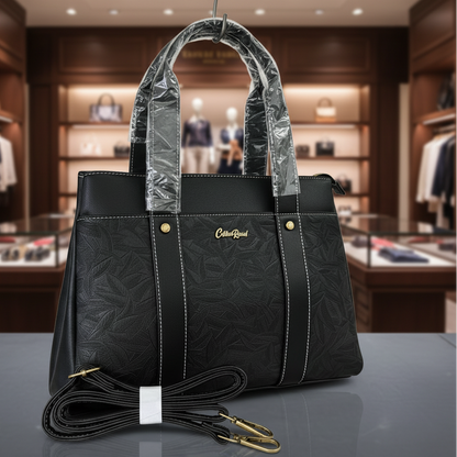 Cotton Road Handbag: BLACK PU Leather with Embossed Leaf Design