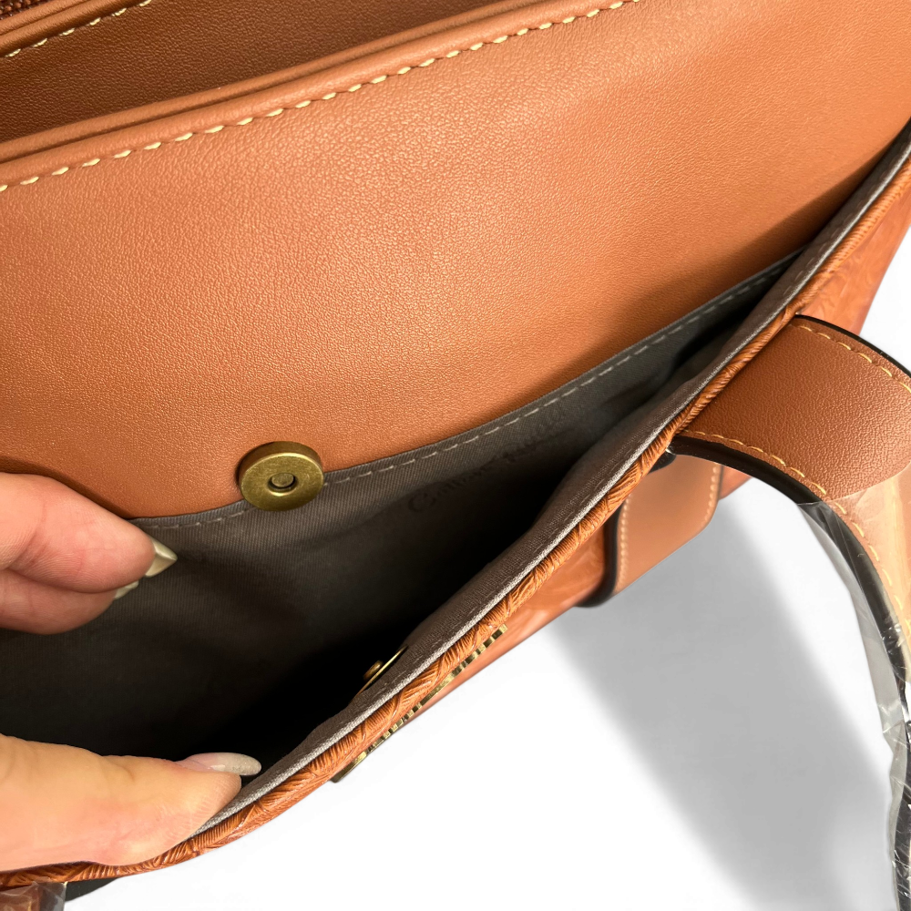 Cotton Road Handbag: BROWN PU Leather with LEAF Design POCKET CLIP