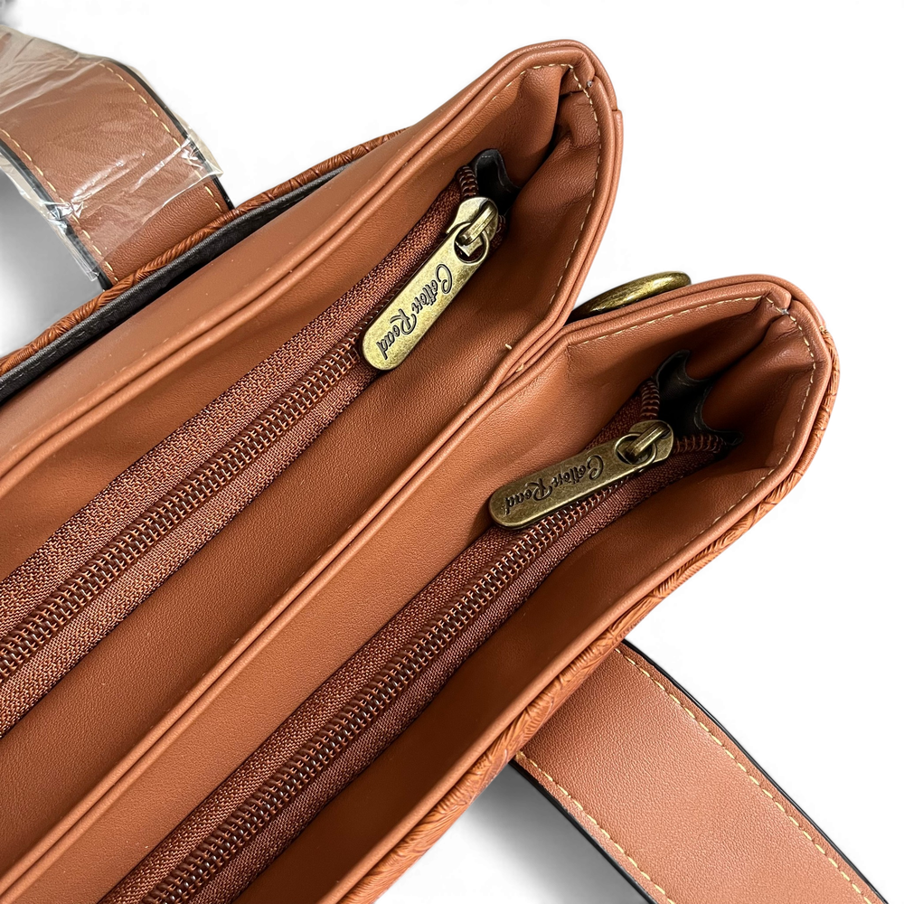 Cotton Road Handbag: BROWN PU Leather with LEAF Design ZIPPED COMPARTMENTS