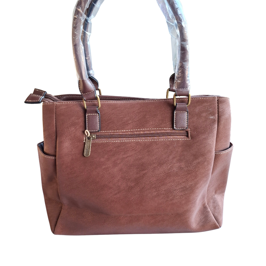 Cotton Road Handbag: BROWN Soft PU Leather Double Compartment bag BACK DETAIL