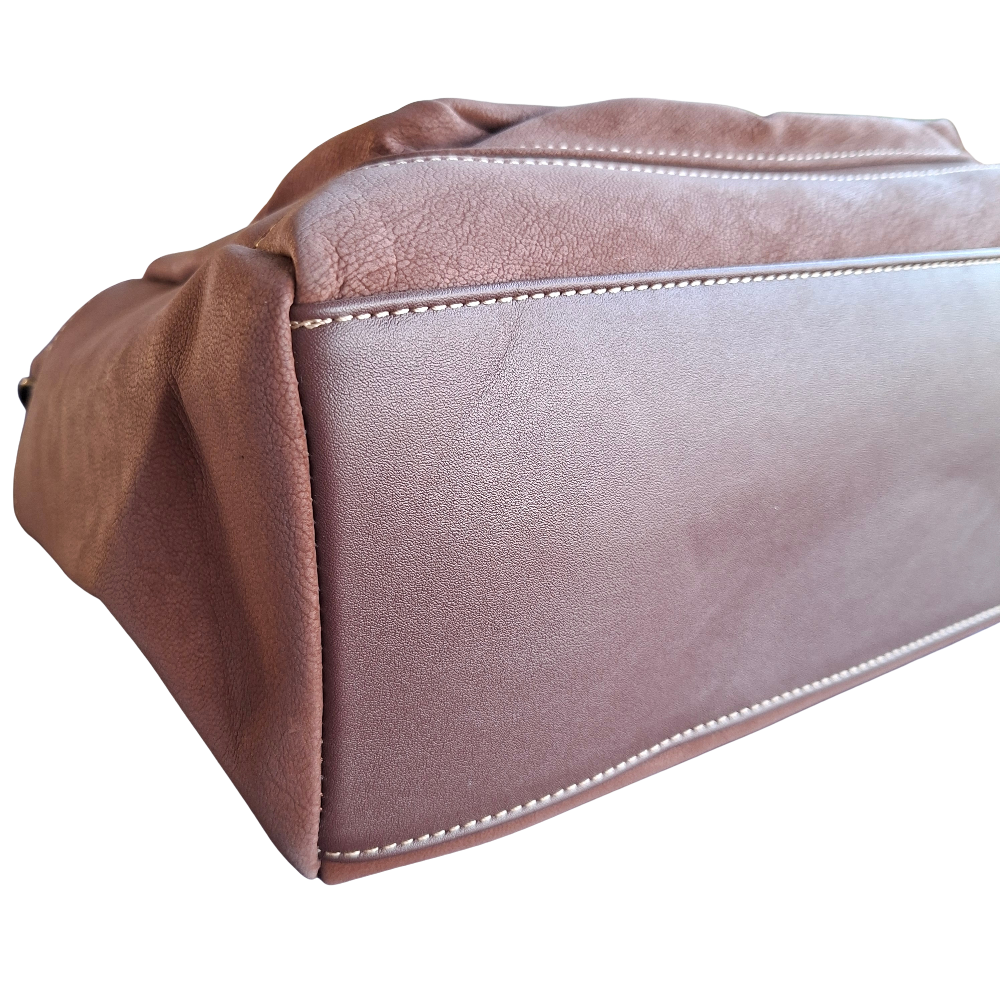 Cotton Road Handbag: BROWN Soft PU Leather Double Compartment bag BOTTOM DETAIL