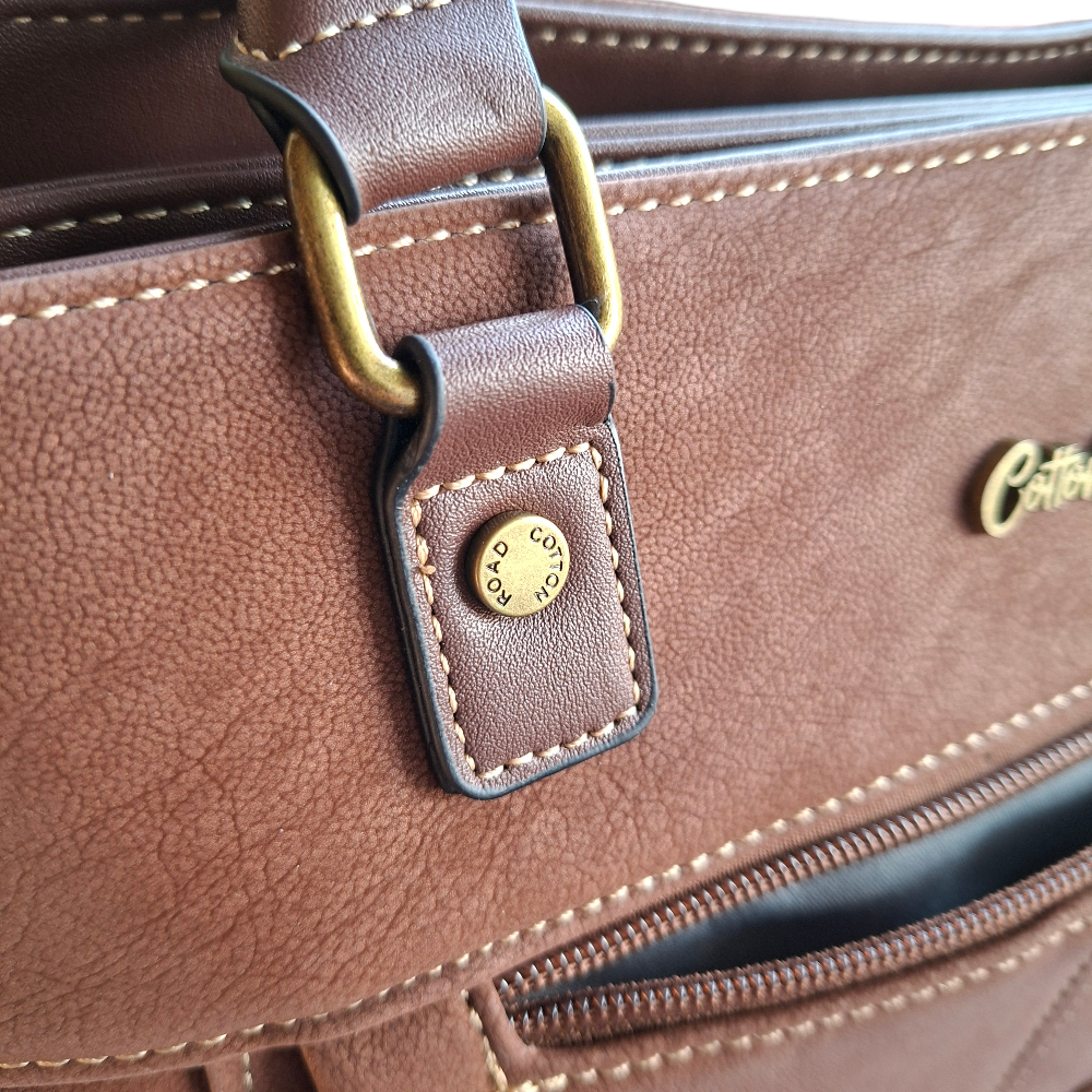 Cotton Road Handbag: BROWN Soft PU Leather Double Compartment bag DETAIL