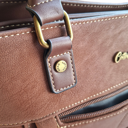 Cotton Road Handbag: BROWN Soft PU Leather Double Compartment bag DETAIL