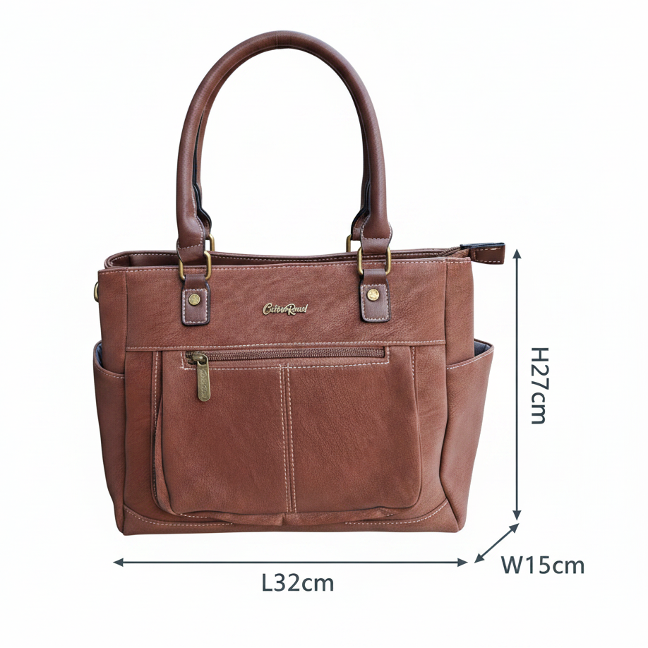 Cotton Road Handbag: BROWN Soft PU Leather Double Compartment bag FRONT
