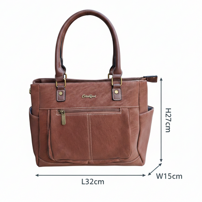 Cotton Road Handbag: BROWN Soft PU Leather Double Compartment bag FRONT