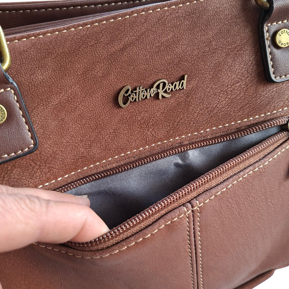 Cotton Road Handbag: BROWN Soft PU Leather Double Compartment bag FRONT POCKET OPEN