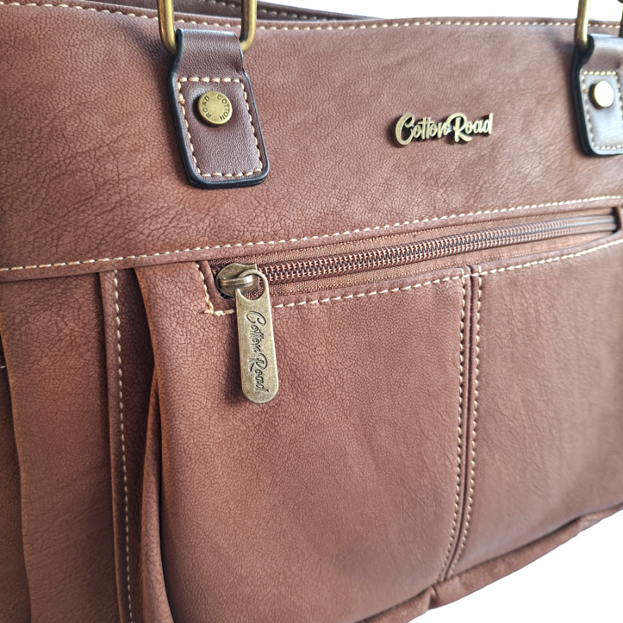 Cotton Road Handbag: BROWN Soft PU Leather Double Compartment bag FRONT VIEW DETAIL