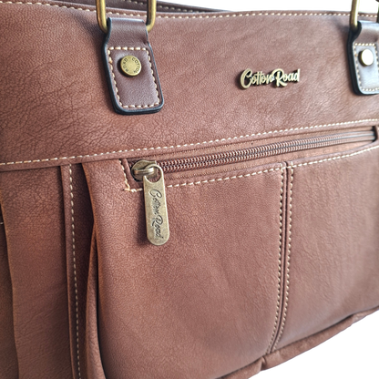 Cotton Road Handbag: BROWN Soft PU Leather Double Compartment bag FRONT VIEW DETAIL