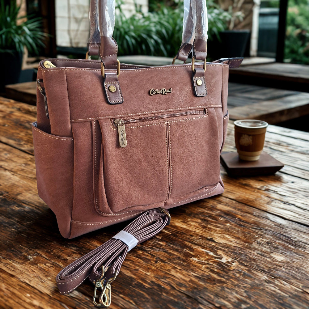 Cotton Road Handbag: BROWN Soft PU Leather Double Compartment bag LIFESTYLE