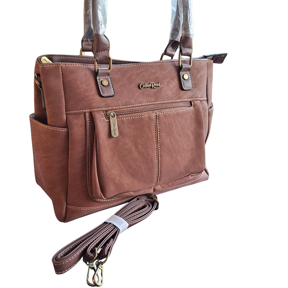 Cotton Road Handbag: BROWN Soft PU Leather Double Compartment bag SET VIEW DETAIL