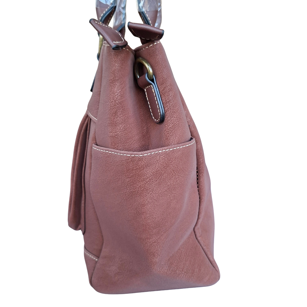 Cotton Road Handbag: BROWN Soft PU Leather Double Compartment bag SIDE VIEW DETAIL
