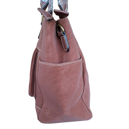 Cotton Road Handbag: BROWN Soft PU Leather Double Compartment bag SIDE VIEW DETAIL