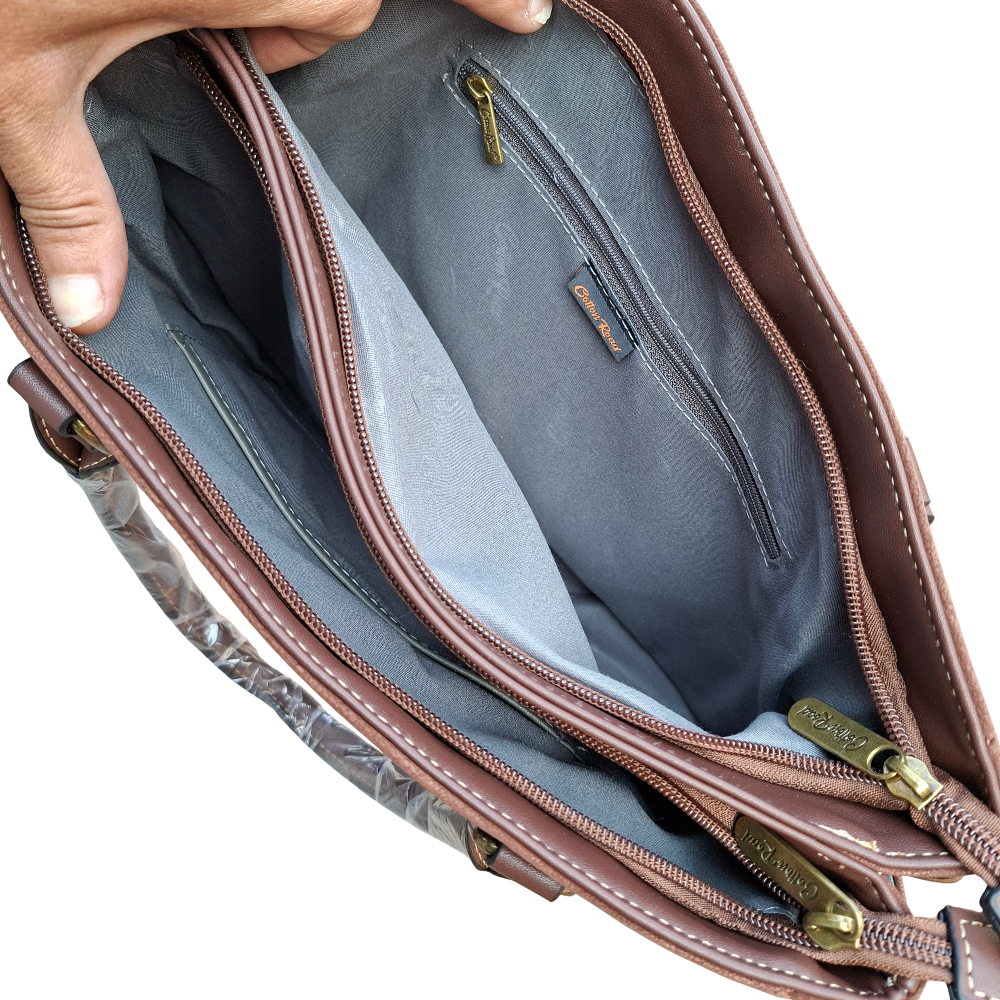 Cotton Road Handbag: BROWN Soft PU Leather Double Compartment bag TOP POCKETS OPEN