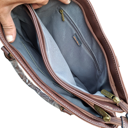 Cotton Road Handbag: BROWN Soft PU Leather Double Compartment bag TOP POCKETS OPEN