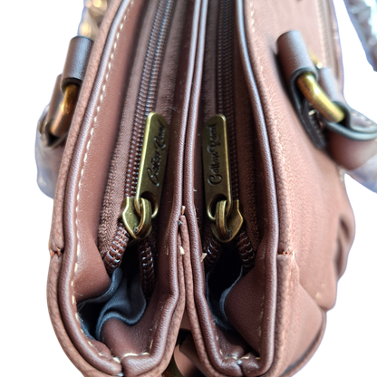 Cotton Road Handbag: BROWN Soft PU Leather Double Compartment bag TOP VIEW