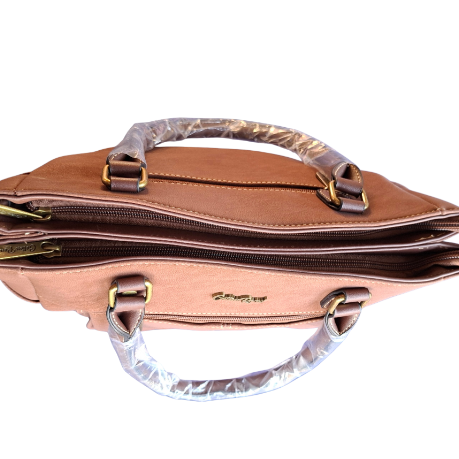 Cotton Road Handbag: BROWN Soft PU Leather Double Compartment bag TOP ZIP VIEW DETAIL