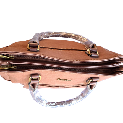 Cotton Road Handbag: BROWN Soft PU Leather Double Compartment bag TOP ZIP VIEW DETAIL
