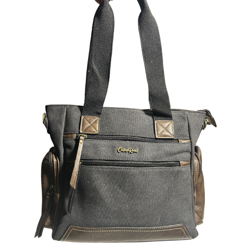 Cotton Road Handbag: Black Canvas & PU Leather Multi-pocket Shoulder Bag