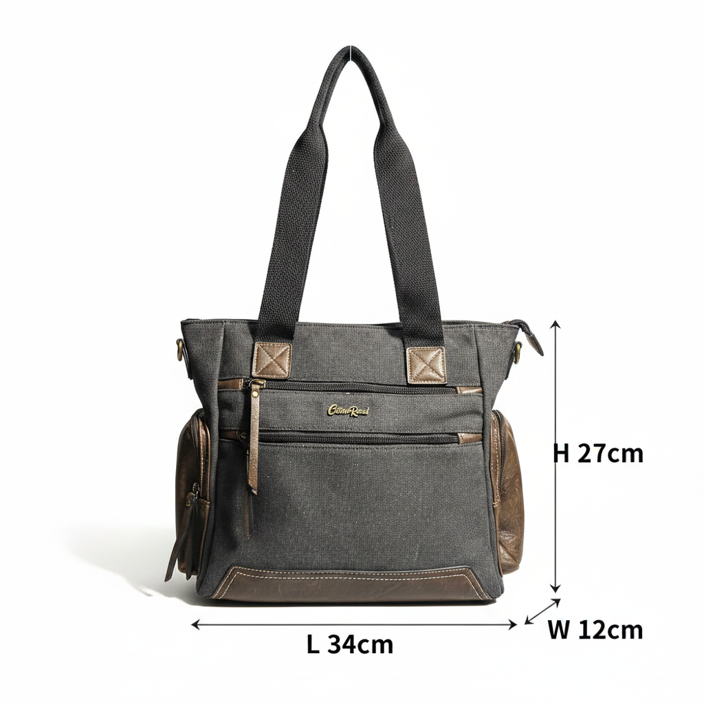 Cotton Road Handbag: Black Canvas & PU Leather Multi-pocket Shoulder Bag SIZE