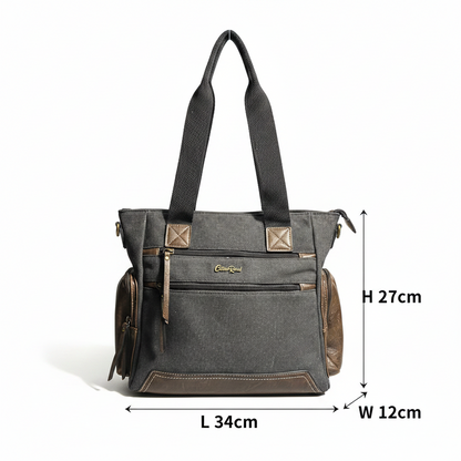 Cotton Road Handbag: Black Canvas & PU Leather Multi-pocket Shoulder Bag SIZE