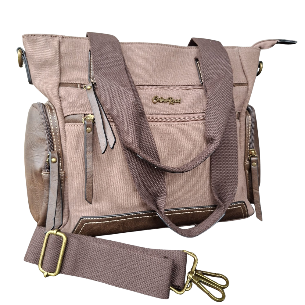 Cotton Road Handbag: COFFEE BROWN Canvas & PU Leather Multi-pocket Shoulder Bag