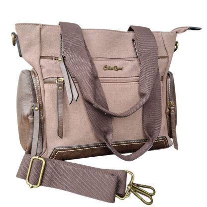 Cotton Road Handbag: COFFEE BROWN Canvas & PU Leather Multi-pocket Shoulder Bag