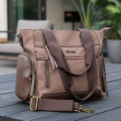 Cotton Road Handbag: COFFEE BROWN Canvas & PU Leather Multi-pocket Shoulder Bag