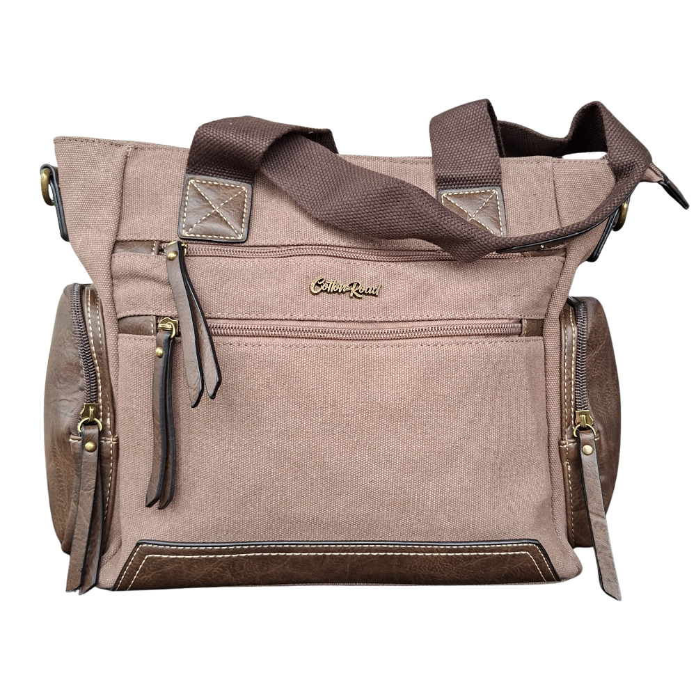 Cotton Road Handbag: COFFEE BROWN Canvas & PU Leather Multi-pocket Shoulder Bag BACK