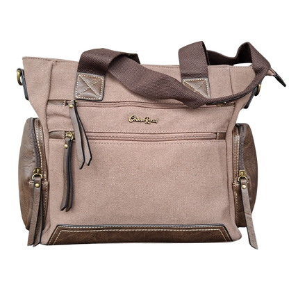 Cotton Road Handbag: COFFEE BROWN Canvas & PU Leather Multi-pocket Shoulder Bag BACK