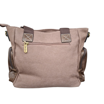 Cotton Road Handbag: COFFEE BROWN Canvas & PU Leather Multi-pocket Shoulder Bag BACK VIEW