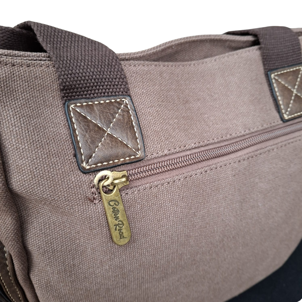 Cotton Road Handbag: COFFEE BROWN Canvas & PU Leather Multi-pocket Shoulder Bag BACK ZIP VIEW