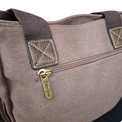 Cotton Road Handbag: COFFEE BROWN Canvas & PU Leather Multi-pocket Shoulder Bag BACK ZIP VIEW